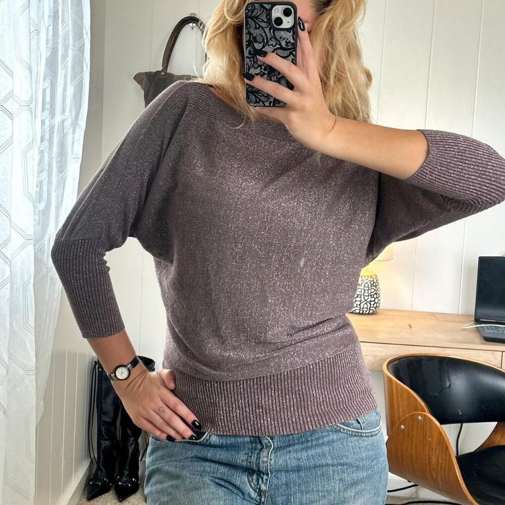 Vintage purple metallic glitter shimmery bat wing knit sweater top ❣️